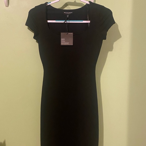 see you monday sym la black ribbed bodycon midi dress new nwt midi long M - Picture 8 of 8